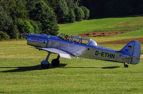 A Pilatus P-2 from Pilatus Flugzeugwerke AG with registration D-ETHN during a flight demonstration as part of an air show on Rossfeld in Metzingen-Glems, Baden-Württemberg, Germany, for editorial use only