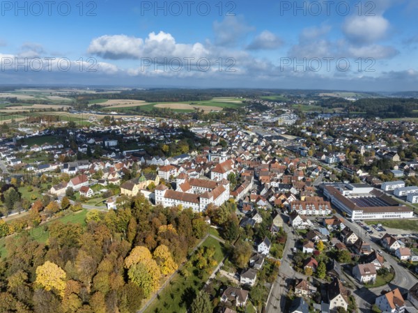 Aerial view of the city of Messkirch with Messkirch Castle and Castle of the Counts of Zimmern, Sigmaringen district, Baden-Württemberg, Germany