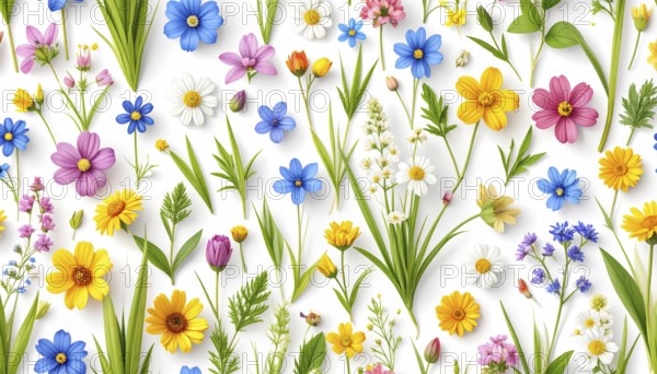 Vibrant wildflowers and grass create a colorful and joyful floral pattern, Variety of wild flowers, spring plant and grass seamless pattern, vibrant realistic vector illustration wallpaper, a spring natural colorful background as template or poster, AI generated