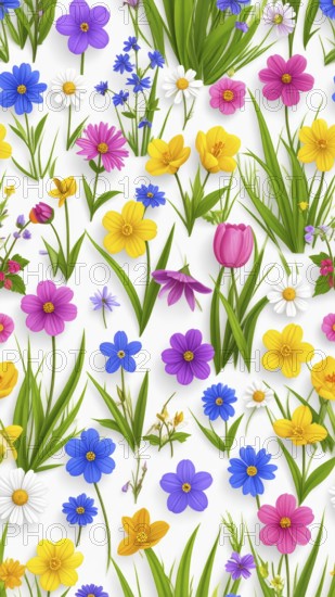 Vibrant wildflowers and grass create a colorful and joyful floral pattern, Variety of wild flowers, spring plant and grass seamless pattern, vibrant realistic vector illustration wallpaper, a spring natural colorful background as template or poster, AI generated