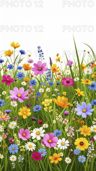 Vibrant wildflowers and grass create a colorful and joyful floral pattern, Variety of wild flowers, spring plant and grass seamless pattern, vibrant realistic vector illustration wallpaper, a spring natural colorful background as template or poster, AI generated