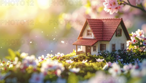 A miniature house surrounded by blooming cherry blossoms and warm sunlight, creating a peaceful and idyllic spring atmosphere, toy house on blossom cherry flowers, spring natural background. concept of mortgage, construction, rental, family and property, AI generated