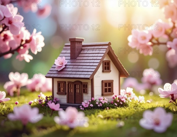 A miniature house surrounded by blooming cherry blossoms and warm sunlight, creating a peaceful and idyllic spring atmosphere, toy house on blossom cherry flowers, spring natural background. concept of mortgage, construction, rental, family and property, AI generated