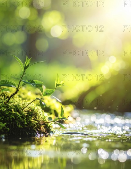 Beautiful spring detailed stream of fresh water, vibrant blooming young green plants, wallpaper banner for springtime and summer nature concept, AI generated