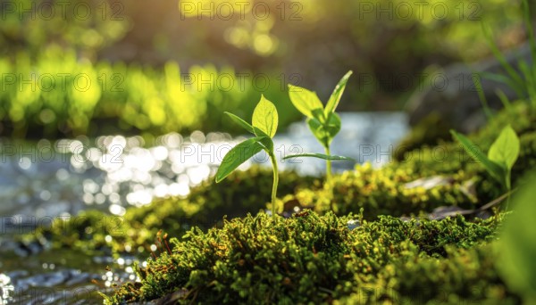 Beautiful spring detailed stream of fresh water, vibrant blooming young green plants, wallpaper banner for springtime and summer nature concept, AI generated