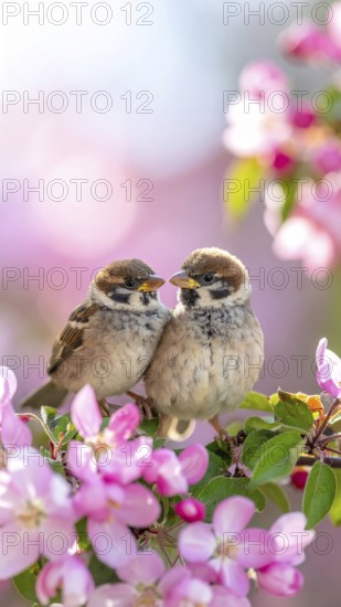 Small funny Sparrow Chicks sit in the garden surrounded by pink Apple blossoms on a Sunny may day, AI generated