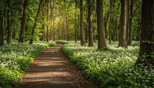 A tranquil forest path lined with white flowers, surrounded by tall trees and bathed in soft sunlight, Pathway through the forest with blooming wild garlic (Allium ursinum) sunny summer day, AI generated