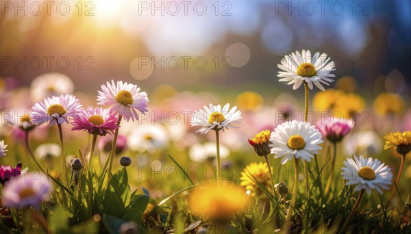 A sunny meadow with daisies in full bloom under bright sunlight, creating a vibrant and cheerful atmosphere, Blooming meadow with lots of white and pink spring daisy flowers and yellow dandelions, sunny day with blue clear sky, beautiful landscape in blurred background, fresh spring and summer nature concept, AI generated