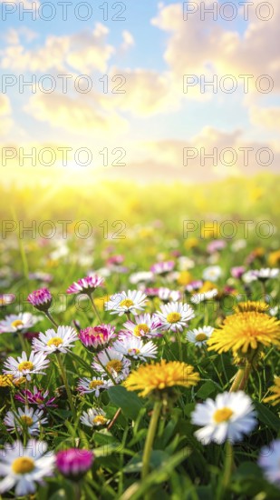 A sunny meadow with daisies in full bloom under bright sunlight, creating a vibrant and cheerful atmosphere, Blooming meadow with lots of white and pink spring daisy flowers and yellow dandelions, sunny day with blue clear sky, beautiful landscape in blurred background, fresh spring and summer nature concept, AI generated