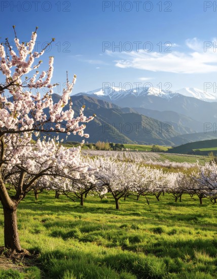 Landscape with a blooming apricot tree, idilyc spring nature, green grass and mountains in background, blue cloudy sky in sunset web banner spring time concept, AI generated