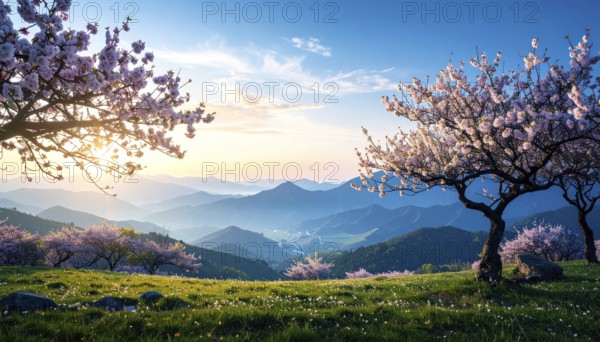 Landscape with a blooming apricot tree, idilyc spring nature, green grass and mountains in background, blue cloudy sky in sunset web banner spring time concept, AI generated