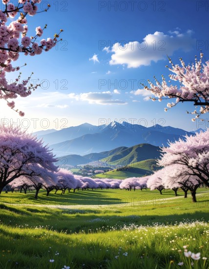 Landscape with a blooming apricot tree, idilyc spring nature, green grass and mountains in background, blue cloudy sky in sunset web banner spring time concept, AI generated