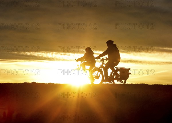 Cyclists ride on a cycle path on the island of Fehmarn at sunset, 13.10.2025, Fehmarn, Schleswig-Holstein, Germany