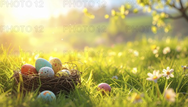 Nest with easter eggs in a basket on grass, sunny spring day, fresh beautiful landscape at daylight, soft focus for calm scenery, festive Easter decoration, wallpaper illustration banner, panorama, background, AI generated