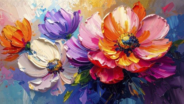 Closeup of abstract rough colorful multicolored organic floral spring flowers art painting texture, with oil acrylic brushstroke, pallet knife paint on canvas wallpaper, AI generated