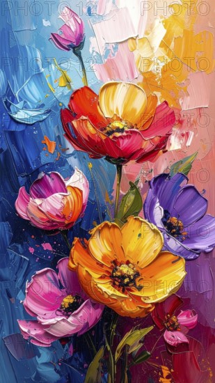 Closeup of abstract rough colorful multicolored organic floral spring flowers art painting texture, with oil acrylic brushstroke, pallet knife paint on canvas wallpaper, AI generated