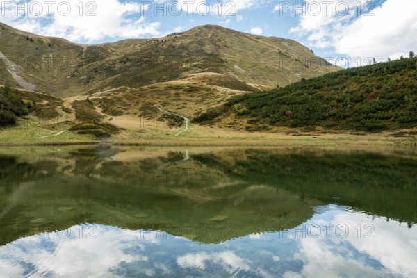 Schlappoldkopf and Söllerkopf are reflected in Schlappoldsee, Fellhorn, Oberstdorf, Oberallgäu, Allgäu, Bavaria, Germany