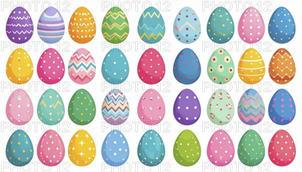 Set of easter eggs flat design on white background, abstract vector wallpaper illustration, banner for springtime, AI generated