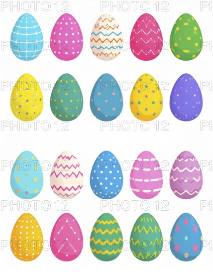 Set of easter eggs flat design on white background, abstract vector wallpaper illustration, banner for springtime, AI generated
