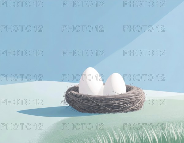 Nest with easter eggs in grass on a sunny spring day, Easter wallpaper decoration drawing, banner, panorama, background, abstract vector illustration, AI generated