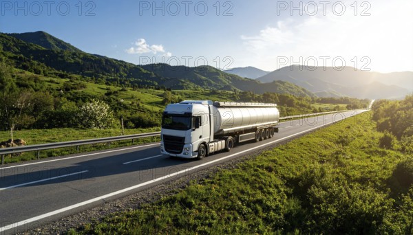 Petrol cargo truck lorry tanker driving on highway hauling oil products at sunrise, wide hilly landscape, AI generated