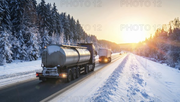 Petrol cargo truck lorry tanker driving on highway hauling oil products at sunrise, wide snowy landscape in winter, AI generated