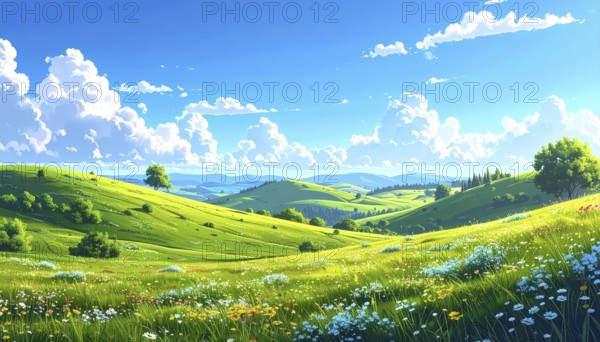 Fresh summer hilly Landscape with blooming Meadow, green plants, Blue Sky with cloudy sky, serene nature background, abstract vector illustration, AI generated