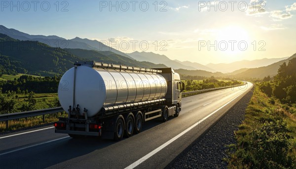 Petrol cargo truck lorry tanker driving on highway hauling oil products at sunrise, wide hilly landscape, AI generated