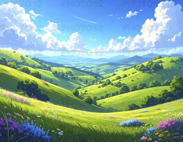 Fresh summer hilly Landscape with blooming Meadow, green plants, Blue Sky with cloudy sky, serene nature background, abstract vector illustration, AI generated