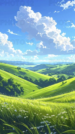 Fresh summer hilly Landscape with blooming Meadow, green plants, Blue Sky with cloudy sky, serene nature background, abstract vector illustration, AI generated