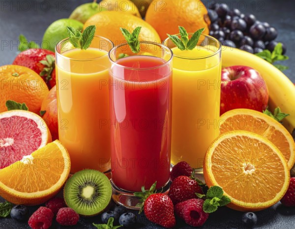 Fresh fruit juices in glasses, surrounded by colorful fruits, showcasing healthy drinking and eating, fitness and wellness lifestyle, AI generated