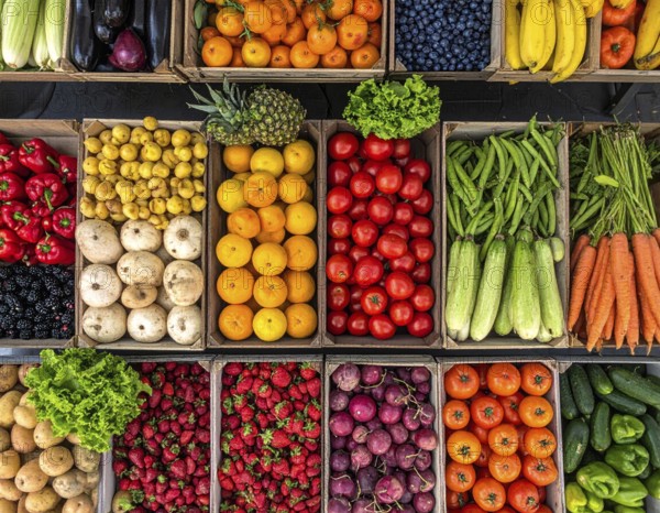 Fresh fruits and vegetables in a market display, aerial view perpendicular top down, healthy eating and lifestyle, AI generated