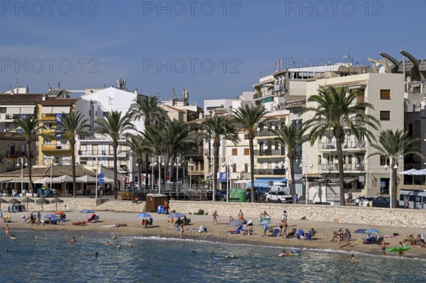View of the beach and old town of Jávea or Xàbia, Alicante Province, Comunidad Valenciana, Spain
