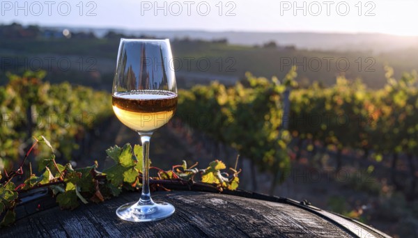 A glass of 10-year-old tawny wine placed on a barrel in a vineyard restaurant, vineyard landscape in blurred background, AI generated