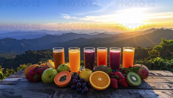 Fresh fruit juices in glasses, surrounded by colorful fruits, showcasing healthy drinking and eating, fitness and wellness lifestyle, AI generated