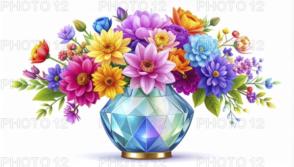 Crystal glass vase with vibrant blooming flowers, vibrant vector drawing illustration for fresh spring background, AI generated