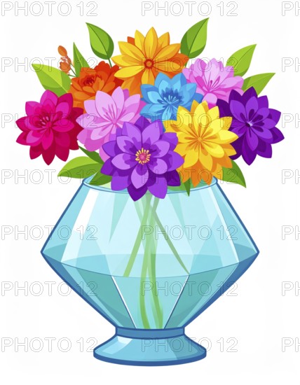 Crystal glass vase with vibrant blooming flowers, vibrant vector drawing illustration for fresh spring background, AI generated
