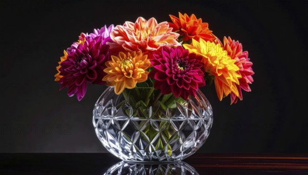 Crystal glass vase with vibrant blooming flowers, fresh spring and summer concept, AI generated