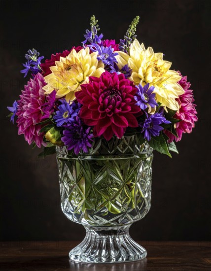 Crystal glass vase with vibrant blooming flowers, fresh spring and summer concept, AI generated