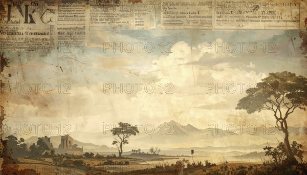 Grunge old public newspaper, texture background wallpaper illustration, vintage tattered yellow press news, AI generated
