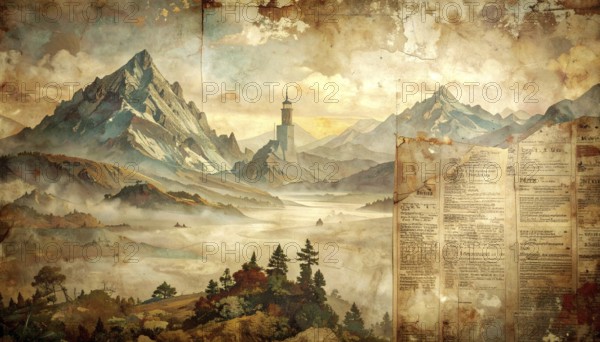 Grunge old public newspaper, texture background wallpaper illustration, vintage tattered yellow press news, AI generated