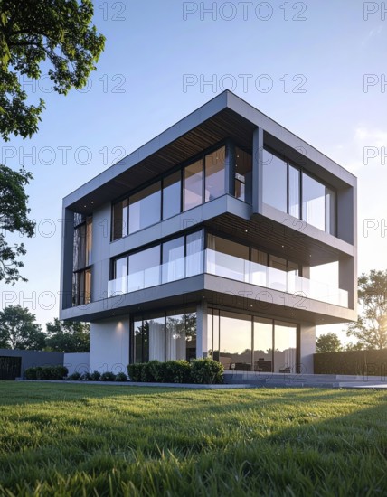 Modern residential house with green garden, simple geometric architecture, clear blue sky in the evening sunset, symbol for a real estate lifestyle, AI generated