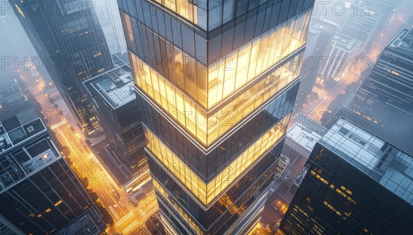 Modern building reflecting sunset light at dusk. Abstract Futuristic Business Background, AI generated