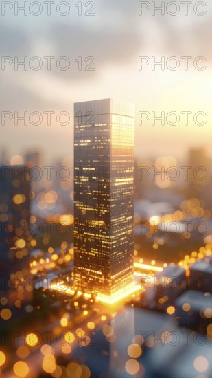 Modern building reflecting sunset light at dusk. Abstract Futuristic Business Background, AI generated