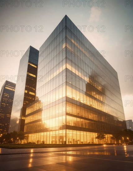 Modern building reflecting sunset light at dusk. Abstract Futuristic Business Background, AI generated