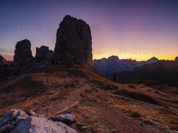 Five towers, Cinque Torri at dawn, climbing rocks, Dolomites, Alps, Belluno province, Veneto region, Italy