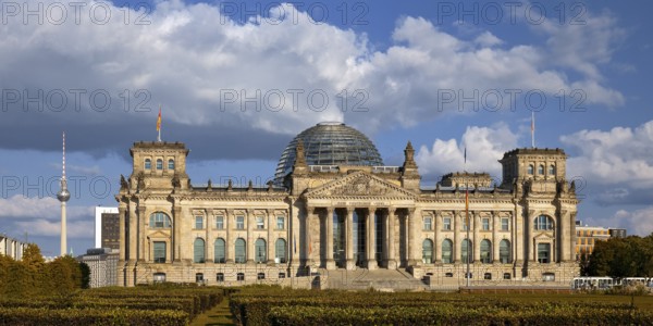 Reichstag, German Bundestag, Republic Square with Berlin TV Tower in the background, Berlin, Germany