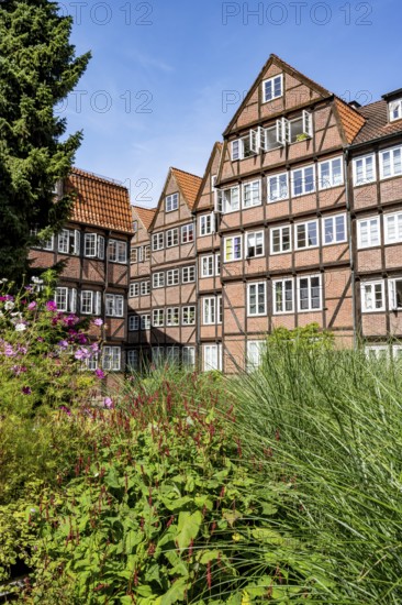 Facades of the historic brick buildings, inner courtyard, view over the city, Peterstraße, composers' quarter, Neustadt, Hamburg, Germany