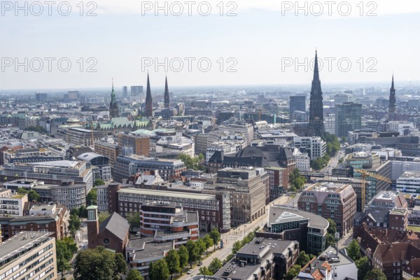 City view, view over Hamburg city centre with church towers and town hall tower, from the tower of St. Michael's Church, Hamburg, Germany
