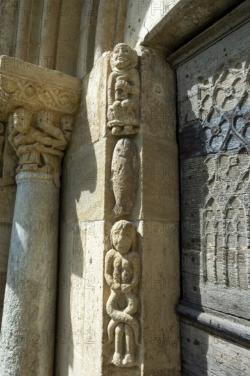 Porch sculptures of the romanesque church of Mailhat, Puy de Dome department, Auvergne-Rhone-Alpes, France
